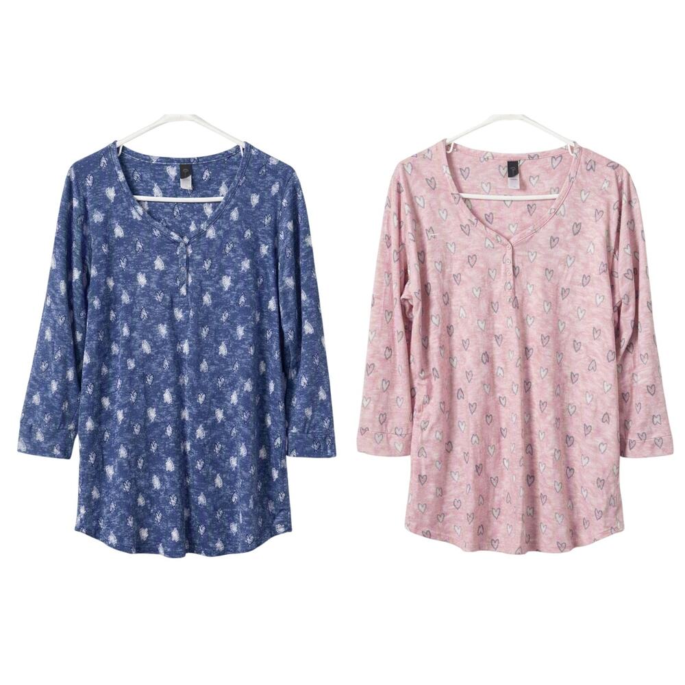 Charmour Fleece Sleep Shirts Set – Blue & Pink Heart Print V‑Neck Tops Large